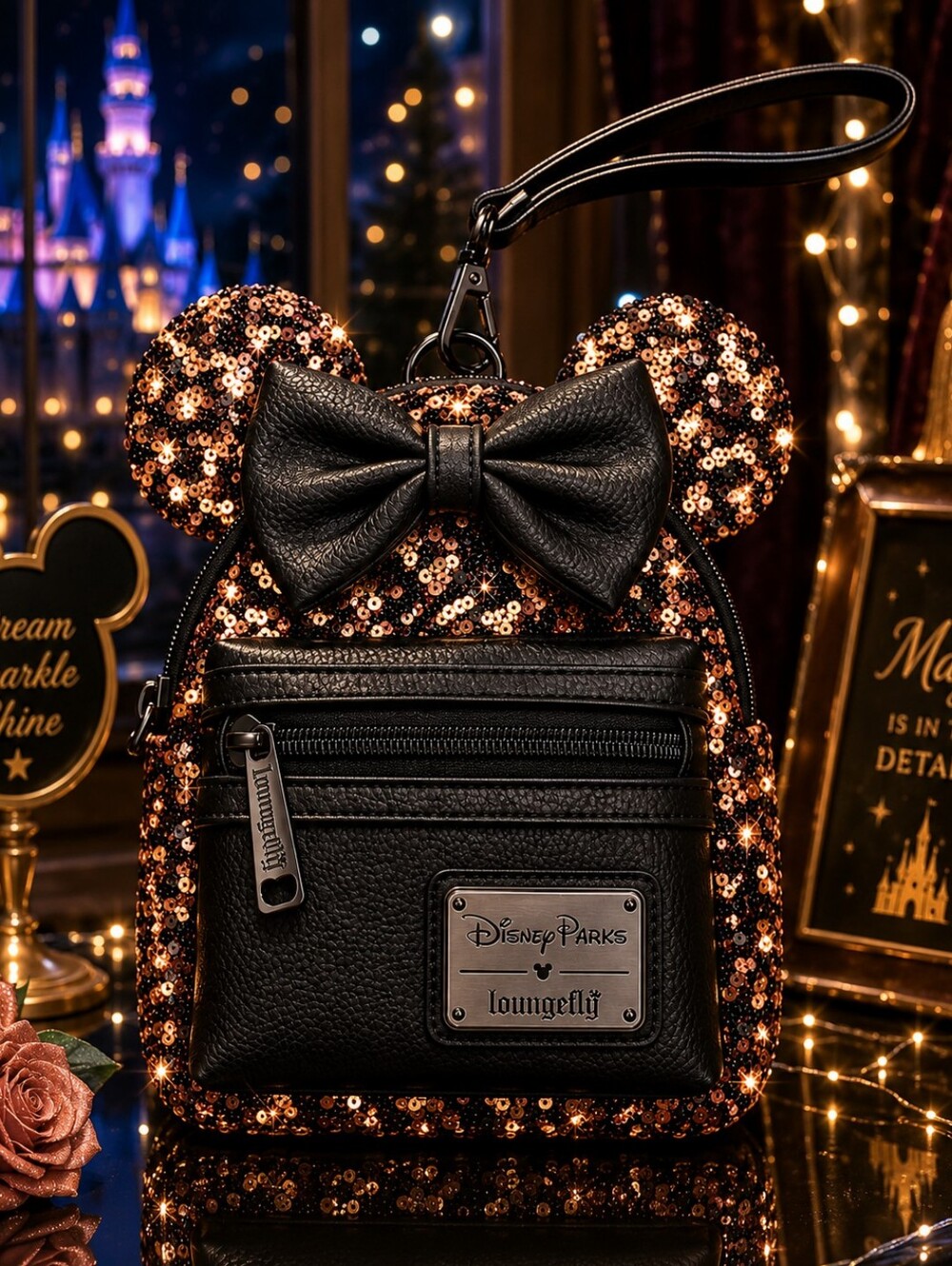 Disney Parks Loungefly Minnie Mouse Briar Rose Gold Sequin Backpack Wristlet - Picture 2 of 5